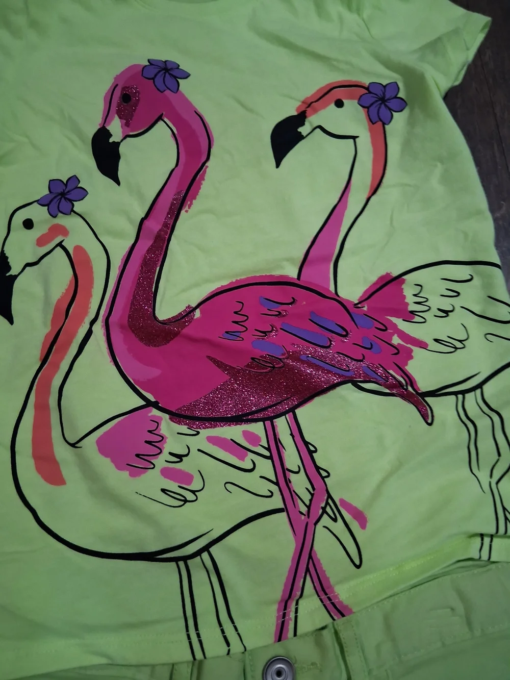 The Children's Place Lime Green Pink Flamingo Matching Top Shorts Two Piece Set - Picture 2 of 4